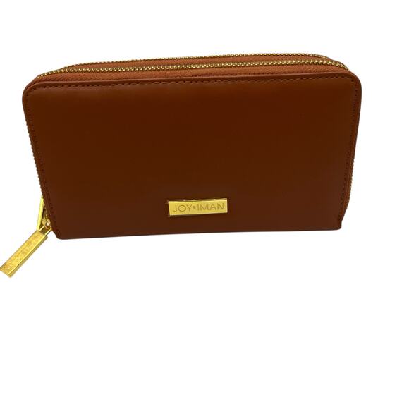 Joy & Iman New W/O Tags Brown Leather Clutch Double Zip RFID Blocking Strapless - Picture 1 of 5